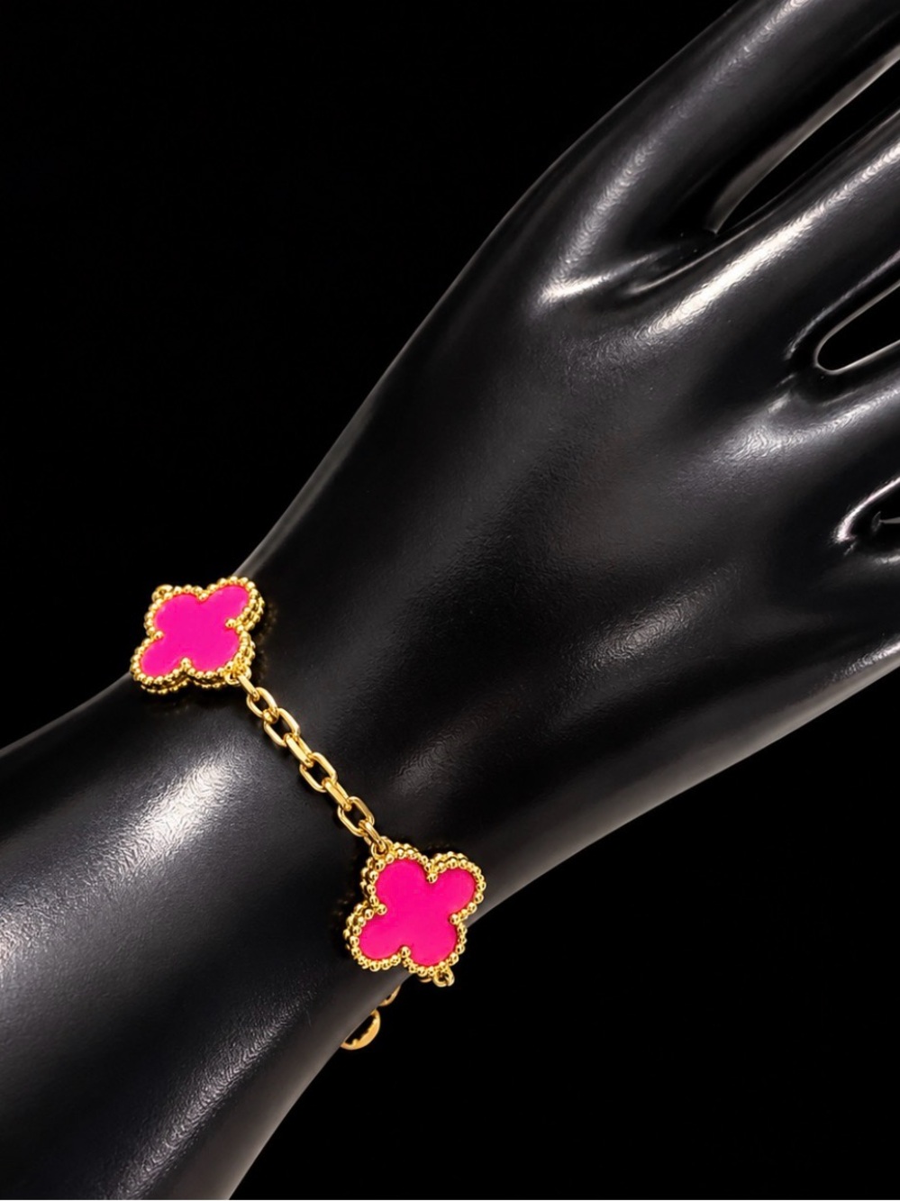 Gold Chain Bracelet with Pink Clover Motifs - Women Jewelry